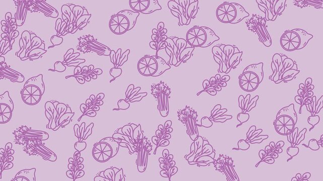Animations pattern showcasing lemons, celery leaves, beets, and lettuce ideal for food blogs, recipe cards, health magazines, and culinary websites.