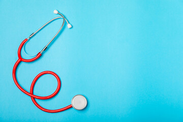 Stethoscope on the table. Medical instrument. Medical concept. Healthcare. Health Day.Doctor equipment. Cardiology. Heart disease.Lung diagnostics.Diagnosis of respiratory inflammation.Space for text