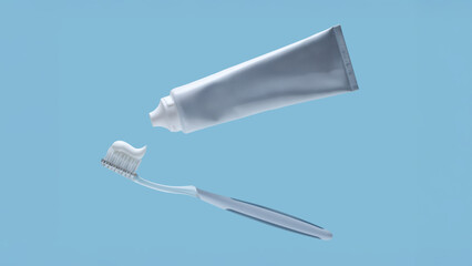 Floating toothbrush with toothpaste and plastic tube on blue background with empty copy space for dental care, oral hygiene and healthcare banner design
