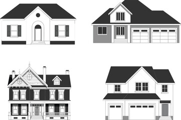 Residential House Styles Vector Set, Modern, Suburban, Victorian, and Traditional Architecture, Real Estate Graphic Icon Illustration Collection