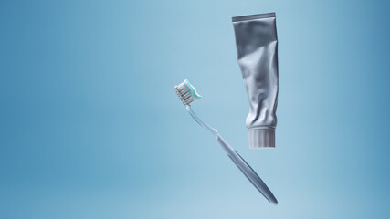 Floating toothbrush with toothpaste and plastic tube on blue background with empty copy space for dental care, oral hygiene and healthcare banner design
