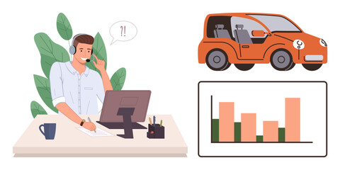 Employee at desk speaking on headset with exclamation during call, orange car illustration, bar chart analysis. Ideal for customer service, automotive, remote work, analysis, communication, tech