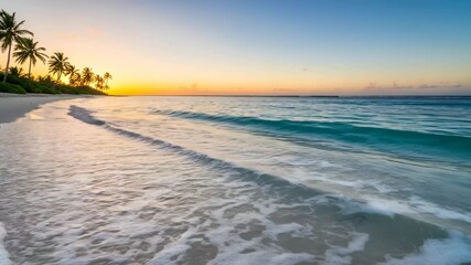 Ocean waves washing onto sandy beach with palm trees at golden sunset 4k video - Powered by Adobe
