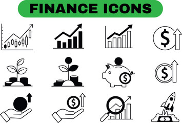 Finance and investment icons set in black and white doodle style