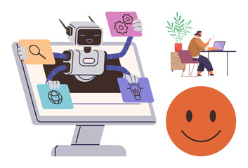 Robot emerges from monitor holding icons symbolizing search, ideas, tech, and global access adjacent person at desk working. Ideal for AI, productivity, workflow, remote work, innovation