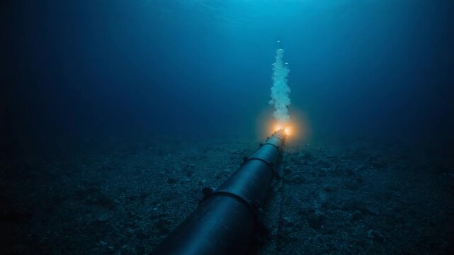 Underwater Pipeline with Glowing Orange Light and Bubbles Rising from Seabed ocean