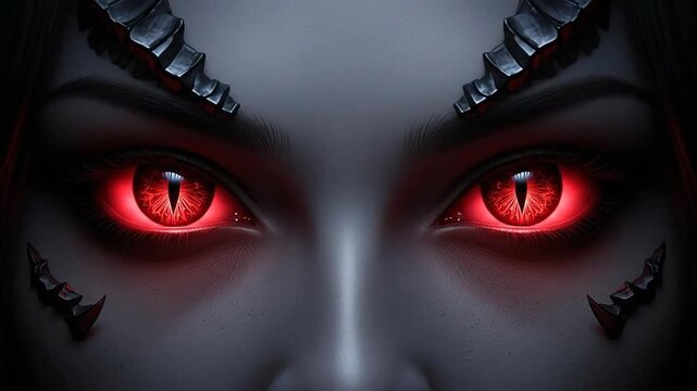 Intense Gaze of a Demon - Red Eyes and Horns in Dark Fantasy Art.