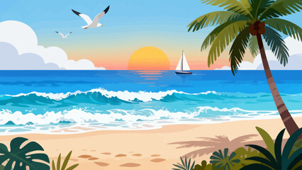 This vibrant illustration depicts a tropical beach scene: turquoise waves crash on golden sand, lined with palm trees, while a sailboat, rainbow, and seagulls fill the bright sky, serene and idyllic