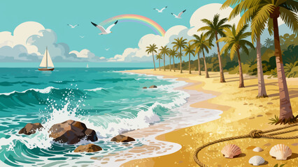 This vibrant illustration depicts a tropical beach scene: turquoise waves crash on golden sand, lined with palm trees, while a sailboat, rainbow, and seagulls fill the bright sky, serene and idyllic
