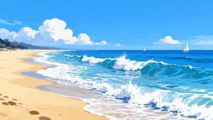 This vibrant illustration depicts a tropical beach scene: turquoise waves crash on golden sand, lined with palm trees, while a sailboat, rainbow, and seagulls fill the bright sky, serene and idyllic