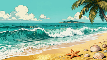 This vibrant illustration depicts a tropical beach scene: turquoise waves crash on golden sand, lined with palm trees, while a sailboat, rainbow, and seagulls fill the bright sky, serene and idyllic