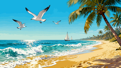 This vibrant illustration depicts a tropical beach scene: turquoise waves crash on golden sand, lined with palm trees, while a sailboat, rainbow, and seagulls fill the bright sky, serene and idyllic
