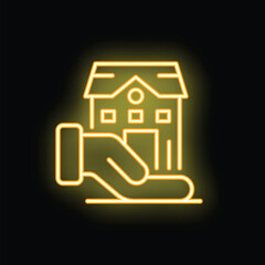 Neon sign of a hand holding a house, glowing yellow against a black background