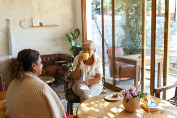 Senior women friends enjoying coffee and conversation in cafe
