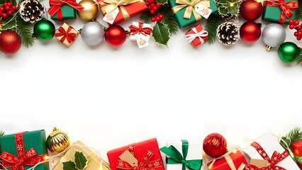 Christmas Border with Gift Boxes, Ornaments, Pinecones, and Holly on White Background
