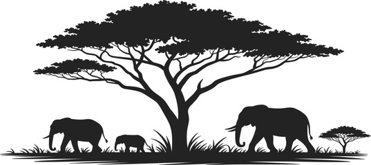 African Savanna Wildlife Silhouette Vector, Elephant Family Under Acacia Tree, Safari Landscape Graphic, Nature Reserve Travel Banner Illustration © MdMajnur