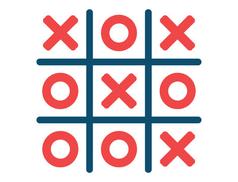 A game of tic-tac-toe is played on a grid with red Xs and Os.