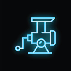 Blue neon icon of a meat grinder glowing on a black background