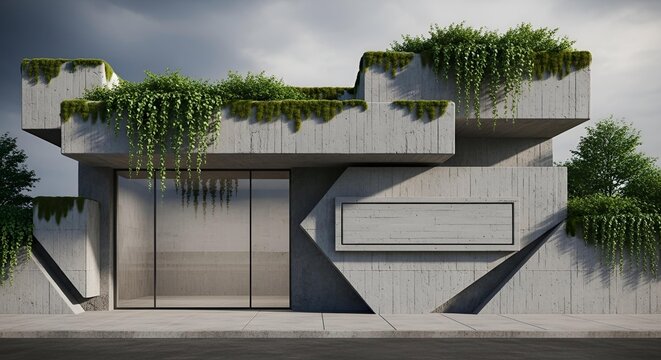 Modern concrete building design with green plants and architectural style