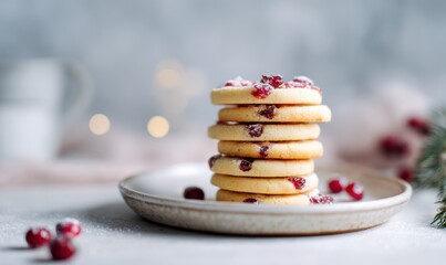 A stack of cranberry cookies on a white plate, with scattered cranberries around.