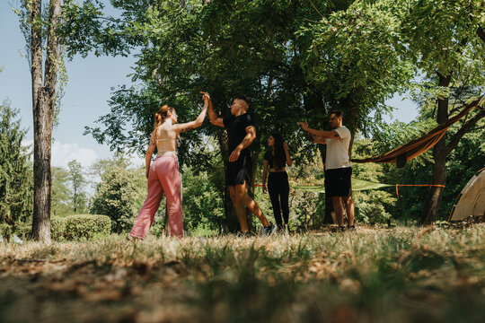 A joyful group of friends and family share a high-five moment at a sunny campsite. Kids and adults relax under green trees with tents and a hammock nearby, conveying outdoor leisure and togetherness.