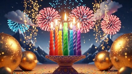 Bright rainbow candles sparkling with joy and fireworks, creating a festive celebration scene perfect for cheerful holiday events