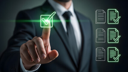 Businessman touching glowing green check mark on digital checklist