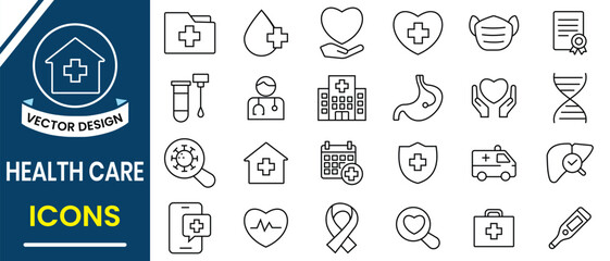 Healthcare icon set collection. Medical or Healthcare line icon vector set. Dermatology, gynecology, health, care, doctor, nurse, hospital, clinic, medicine, pill, report, oncology, dentistry, heart.
