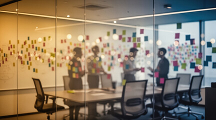 A blurred view of a modern office meeting room with people collaborating around a conference table, surrounded by colorful sticky notes on glass walls.