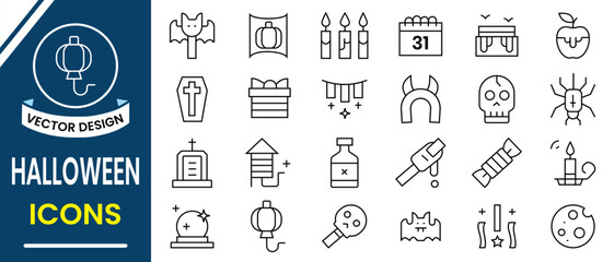 Halloween icons vector set collection. Set of 24 outline icons related to halloween. Linear icon collection such as candle, spider, castel, horror, face, pumpkin, ghost, vampire, zombie etc.