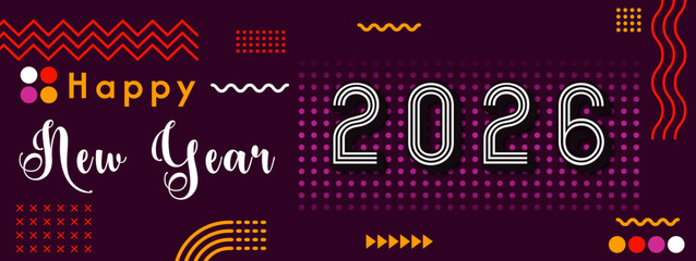 Happy New Year 2026 Banner Template Text design with modern calligraphy and abstract geometric dark background vector illustration for creative greetings, new year 2026 eve, celebration, decoration.