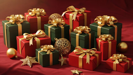 Elegant red and green wrapped presents with golden bows, top view