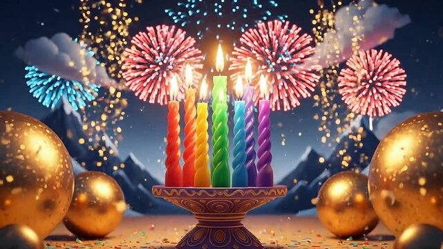 Bright rainbow candles sparkling with joy and fireworks, creating a festive celebration scene perfect for cheerful holiday events