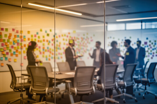 A group of business professionals collaborating in a modern conference room, viewed through a glass wall with colorful sticky notes on the whiteboard in the background. - Powered by Adobe