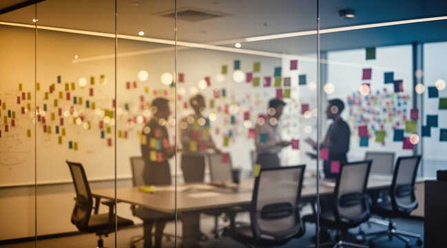 A blurred view of a modern office meeting room with people collaborating around a conference table, surrounded by colorful sticky notes on glass walls.