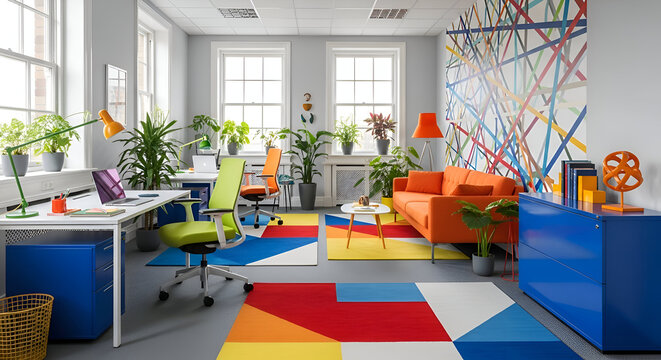 Vibrant and modern creative office space with colorful geometric rug and abstract wall art inspiring productivity and innovation