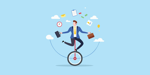 Businessman skillfully balancing on a unicycle with briefcases and office items © Sourav