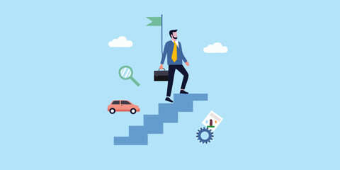 Businessman climbing stairs towards success flag with car and magnifying glass