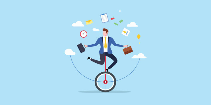 Businessman skillfully balancing on a unicycle with briefcases and office items