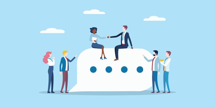 Diverse business people collaborating and communicating on a giant speech bubble