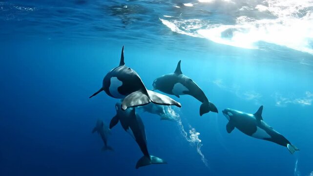 Orca whale pod swimming underwater ocean marine life wildlife