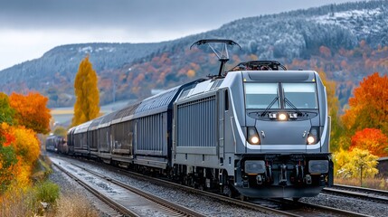 Freight train traveling through autumn and winter landscape