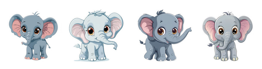 Four whimsical cartoon elephants with large ears and expressive eyes standing in a row isolated on transparent background