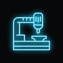 Obraz premium Blue glowing neon line icon of a drilling machine working a metal piece, isolated on a black background