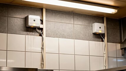 Medium shot of a commercial kitchen wall with integrated moisture sensors actively detecting dampness to prevent structural damage