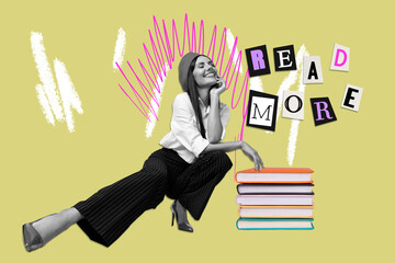 Naklejka premium Poster trend collage of person on yellow color background with read more text