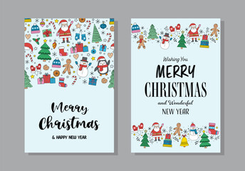Merry Christmas set. Colourful greeting card with cartoon ornaments. Vector illustration