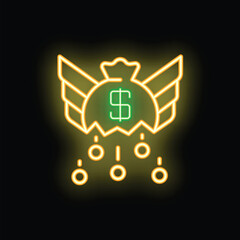 Neon sign representing a money bag with wings dropping coins, a concept for fast and easy money