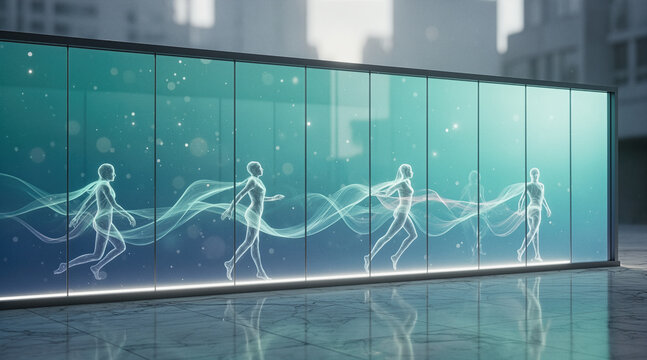 A futuristic digital display showing translucent human figures running in sequence, creating flowing energy trails against a teal backdrop in a modern indoor setting.