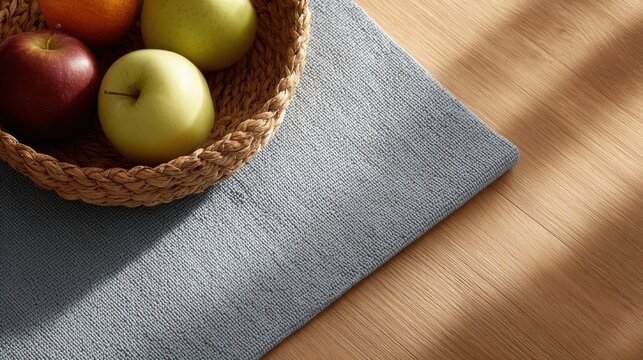 Healthy lifestyle concept with fresh fruits and yoga mat on wooden floor, cinematic lighting